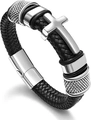 Men's woven black leather bracelet featuring a silver cross and magnetic metal clasp - 1.6 Width * 39g / Steel 19cm
