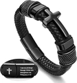 Men's black braided leather bracelet with black cross and Bible verse magnetic clasp - 1.6 Width * 39g / Black 19cm