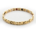 Polished gold magnetic therapy bracelet with X-shaped links and colorful energy stones - Gold