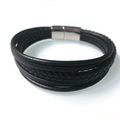 Gelaagde zwarte lederen herenarmband met gevlochten bandjes en zilveren magnetische sluiting - Zwart