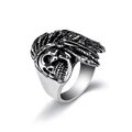 Macro view of vintage Indian chief skull ring with detailed oxidized feather textures - US 8 / Steel