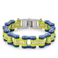 Men's stainless steel bicycle chain bracelet in royal blue, lime green, and silver finish - L 22cm * W 1.6cm / Blue-Yellow