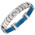 Polished stainless steel link bracelet for couples featuring deep blue inlay accents - Blue