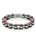 Mechanical bicycle chain bracelet in silver, red, and dark green stainless steel finish - Red Green (10mmx215mm)
