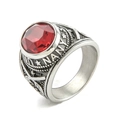 Men's vintage stainless steel military ring with large red stone and star relief - US 10 / Silver Tone + Red Zirconia