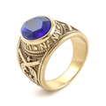 Men's vintage golden stainless steel army ring featuring a large faceted blue gemstone - Gold+Blue Zirconia
