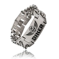 Polished steel biker bracelet featuring skull wings and 100% BIKER engraved metal plate - Steel