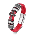 Men's red braided leather bracelet with silver cross charm and magnetic clasp - 22cm / Red
