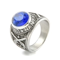 Vintage silver navy ring with blue rhinestone and engraved United States Navy star details - Steel Color with Blue Rhinestone