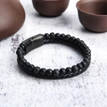 Men's double-row bracelet featuring natural lava rock beads and black braided leather strap - Lava Stone + Matte Agate (22cm)