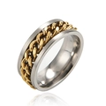 Men's punk titanium steel ring with golden rotatable cuban chain and silver brushed finish - US 8 / Gold