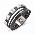 Men's punk multilayer leather bracelet with braided cords and silver rivet buckle - Black Leather + Steel Buckle