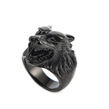 Macro view of detailed wolf head stainless steel ring with matte black plating finish - US 8 / Black