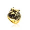Gothic gold stainless steel wolf head ring for men with vintage black detailed engraving - US 8 / Gold