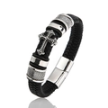 Men's punk braided black leather bracelet with silver steel cross and magnetic clasp - 20cm / Black