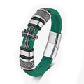 Handwoven emerald green leather bracelet with silver cross and magnetic clasp for men - 20cm / Green