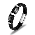 Men's braided black leather bracelet with silver Viking rune beads and magnetic clasp - Black 21.5CM