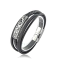 Mehrlagiges schwarzes Lederarmband für Herren mit gravierter silberner Metallplatte - Schörkel Gravierter Stil