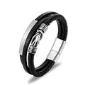 Men's multi-layer black woven leather bracelet with polished stainless steel magnetic clasp - 21.5cm / Steel