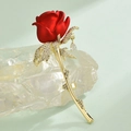 Elegant red enamel rose brooch with golden stem and crystals for Valentine gift - Red Rose