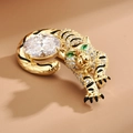 Tiger brooch in gold plating with crystal zircons and black enamel animal design - White