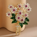 Élégante broche bouquet de marguerites dorées avec cristaux et feuilles d'émail vert - Forme de Bouquet de Marguerites (Bleu)