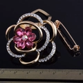 Close-up of pink crystal flower brooch with gold petals and fine white diamonds - Gold Pink Crystal Camellia Style (6)