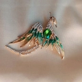 Elegant gold phoenix brooch with green enamel wings and sparkling crystal rhinestones - Green