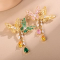 Elegante set di spille a farfalla con zirconi colorati e lunghi ciondoli a nappa a goccia - Farfalla Tricolore