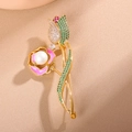Elegant tulip flower brooch with colorful cubic zirconia and a white pearl on a gold base - Rose Bouquet