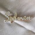 Elegante spilla a lettera Sylvia dorata con perle su lussuoso tessuto di seta champagne - Stile Lettera Sylvia / Oro
