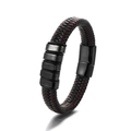 Handmade braided leather bracelet for men with matte black metal rings and magnetic buckle - 19cm