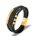 Men's multi-layer braided black leather bracelet with gold magnetic clasp and metal beads - 21.5cm / Gold
