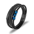 Men's multilayer black braided leather bracelet with blue metal beads and magnetic clasp - 21.5cm / Blue