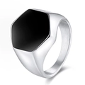 Minimalist hexagonal men's stainless steel ring with black enamel center inlay - Steel Size 7