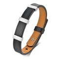 Minimalist black leather men's bracelet with three silver stainless steel metal accents - Black Cowhide