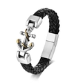 Men's braided black leather bracelet with silver stainless steel anchor and magnetic clasp - 23cm / Gold & Silver