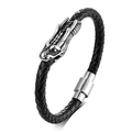 Men's braided black leather bracelet with silver dragon head and magnetic clasp - Steel / 19cm