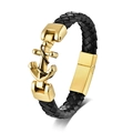 Men's braided black leather anchor bracelet with a polished gold magnetic clasp - 23cm / Gold