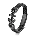 Men's braided black leather bracelet featuring a matte black stainless steel anchor buckle - 23cm / Black