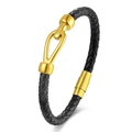 Men's black braided leather bracelet with golden horseshoe buckle and magnetic clasp - 19cm / Gold
