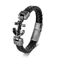 Men's black braided leather bracelet with vintage silver stainless steel anchor clasp - 23cm / Antique Silver