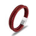 Detail of red braided leather bracelet with brushed silver magnetic clasp closure - Red Leather Steel Clasp / 19cm
