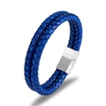 Bracelet en cuir tressé double bleu foncé avec fermoir magnétique en acier inoxydable argenté - Cuir Bleu Fermoir Acier / 19cm