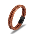 Mens vintage brown double braided leather bracelet with black matte magnetic buckle - Vintage Light Brown Leather Black Clasp / 19cm