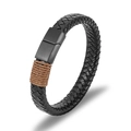 Men's black braided leather bracelet with matte black magnetic clasp and brown cord detail - Black Multi Layer Magnetic Clasp Style (QA-P70074)