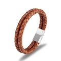 Close-up of brown braided leather double strand bracelet with silver magnetic metal clasp - Vintage Light Brown Leather Steel Clasp / 19cm