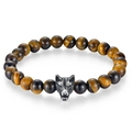 Men's tiger eye stone bead bracelet with a detailed stainless steel wolf head charm - Yellow Tiger Eye Style / 19cm