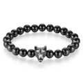 Men's black onyx beaded bracelet featuring a vintage silver stainless steel wolf head charm - Black Onyx Style / 19cm