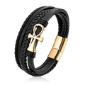 Bracciale multistrato in pelle intrecciata nera da uomo con croce Ankh dorata e chiusura - 19cm / Oro